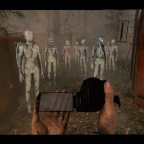 First-person view of a player holding a pistol toward a line of pale zombie-like figures in a ruined industrial yard.