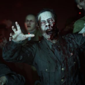 Zombie man in a blood-splattered shirt reaches toward the camera with outstretched hands in a dark, red-lit scene.