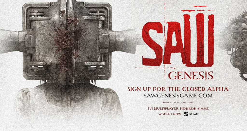 Promo poster for 'SAIL Genesis', a 3‑player horror game; left shows a person wearing a large rusted helmet, right features red 'SAIL Genesis' text and signup details.