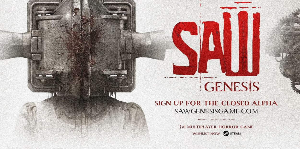 Promo poster for 'SAIL Genesis', a 3‑player horror game; left shows a person wearing a large rusted helmet, right features red 'SAIL Genesis' text and signup details.