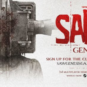 Promo poster for 'SAIL Genesis', a 3‑player horror game; left shows a person wearing a large rusted helmet, right features red 'SAIL Genesis' text and signup details.