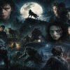 Collage of werewolves, wolves, and human characters under a full moon in a dark, fantasy battle setting