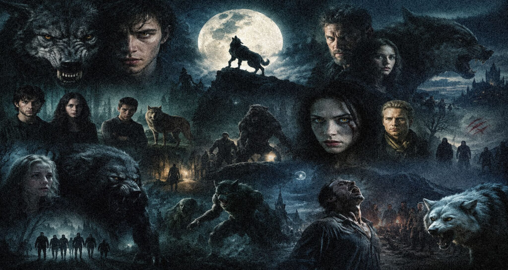Collage of werewolves, wolves, and human characters under a full moon in a dark, fantasy battle setting