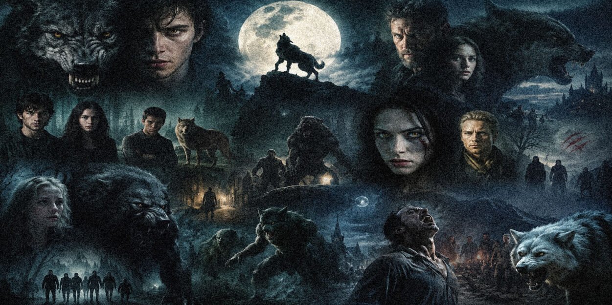 Collage of werewolves, wolves, and human characters under a full moon in a dark, fantasy battle setting