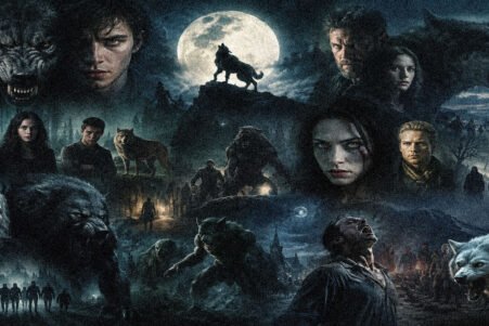 Collage of werewolves, wolves, and human characters under a full moon in a dark, fantasy battle setting