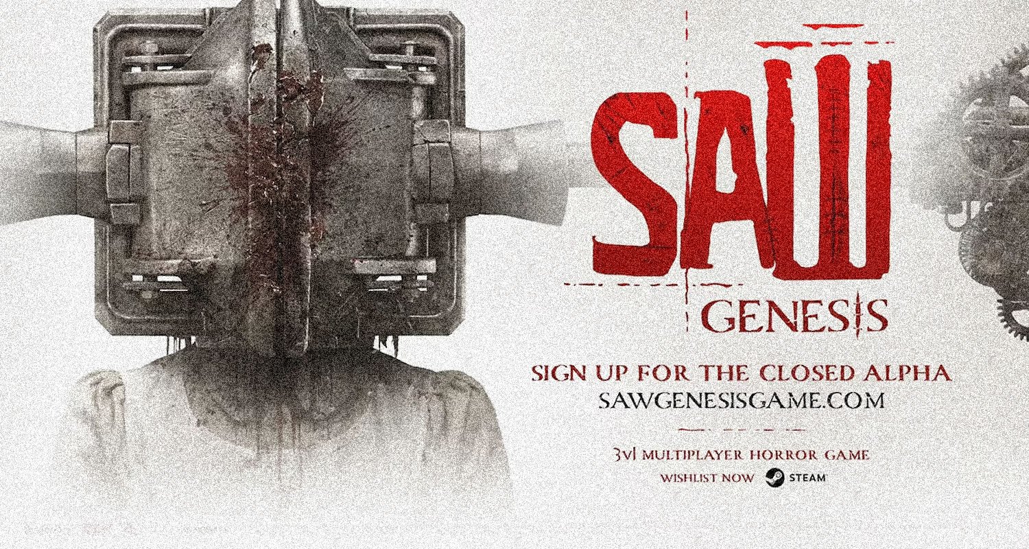 Promo poster for 'SAIL Genesis', a 3‑player horror game; left shows a person wearing a large rusted helmet, right features red 'SAIL Genesis' text and signup details.