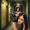 A woman in a gray suit stands in a grimy hallway as a nurse with a bloody knife looms behind her.