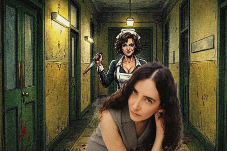 A woman in a gray suit stands in a grimy hallway as a nurse with a bloody knife looms behind her.