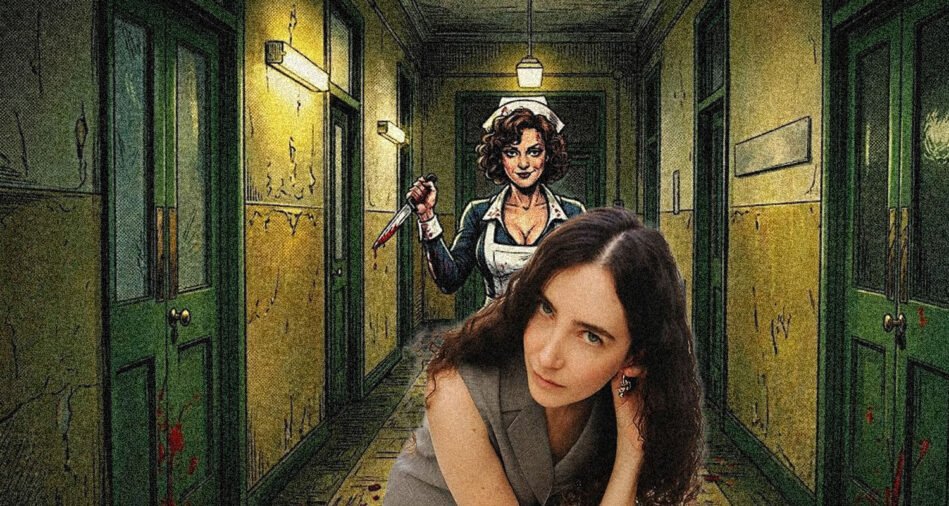A woman in a gray suit stands in a grimy hallway as a nurse with a bloody knife looms behind her.