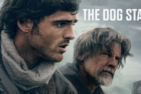 Movie poster for The Dog Stars showing two men in rugged outdoor gear looking to the left, with a stormy sky and a distant building
