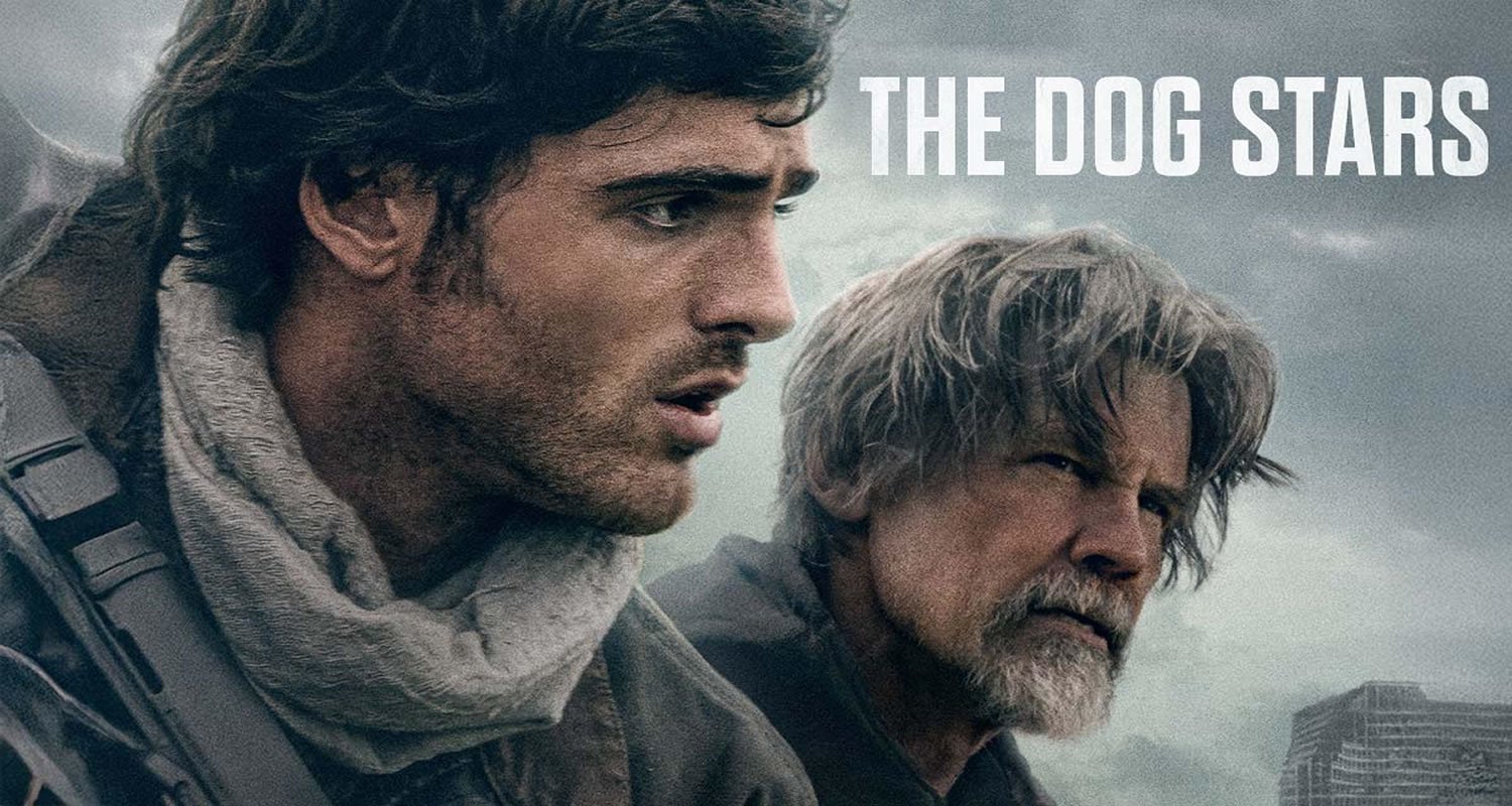 Movie poster for The Dog Stars showing two men in rugged outdoor gear looking to the left, with a stormy sky and a distant building