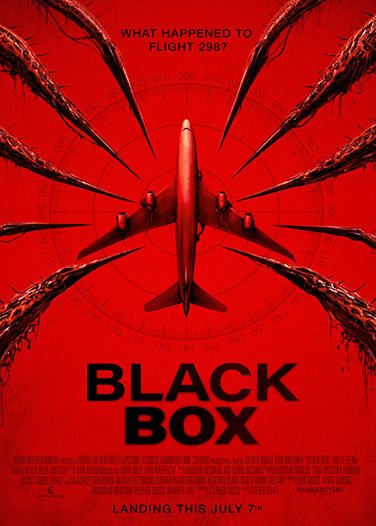 Red poster for the thriller Black Box: a plane viewed from above, surrounded by claw-like tentacles with the tagline 'What happened to Flight 298?'