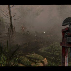 Foggy forest scene with a large rusted industrial tool in the foreground; a pale, childlike figure stands near a fence in the distance.
