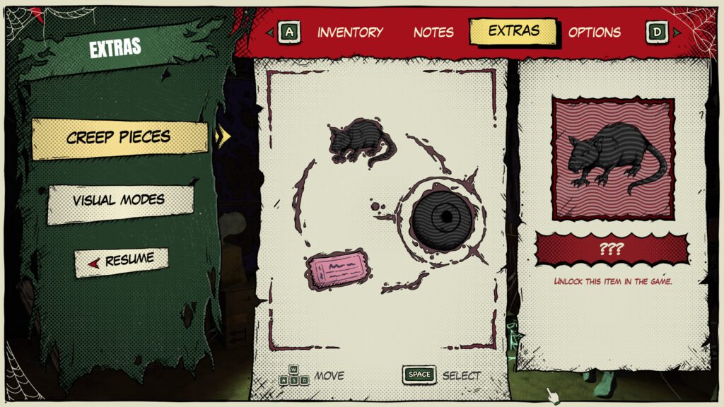 Comic‑style game Extras screen with left navigation (Creep Pieces, Visual Modes, Resume) and central beige panel featuring rat drawings; right shows a red-framed rat image and a locked item prompt reading '???'