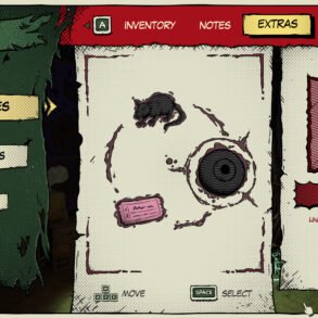 Comic‑style game Extras screen with left navigation (Creep Pieces, Visual Modes, Resume) and central beige panel featuring rat drawings; right shows a red-framed rat image and a locked item prompt reading '???'