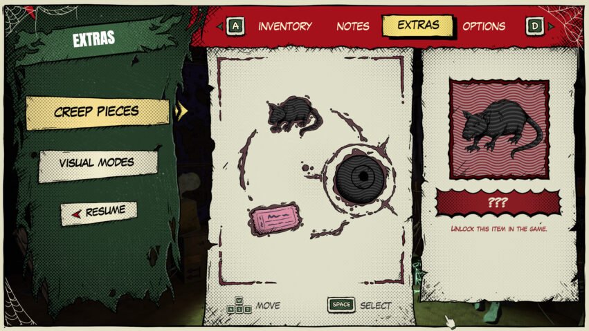 Comic‑style game Extras screen with left navigation (Creep Pieces, Visual Modes, Resume) and central beige panel featuring rat drawings; right shows a red-framed rat image and a locked item prompt reading '???'