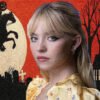 Young woman in a yellow floral dress against a spooky Halloween backdrop: full moon, silhouetted rider, bare trees, graves, and a church.