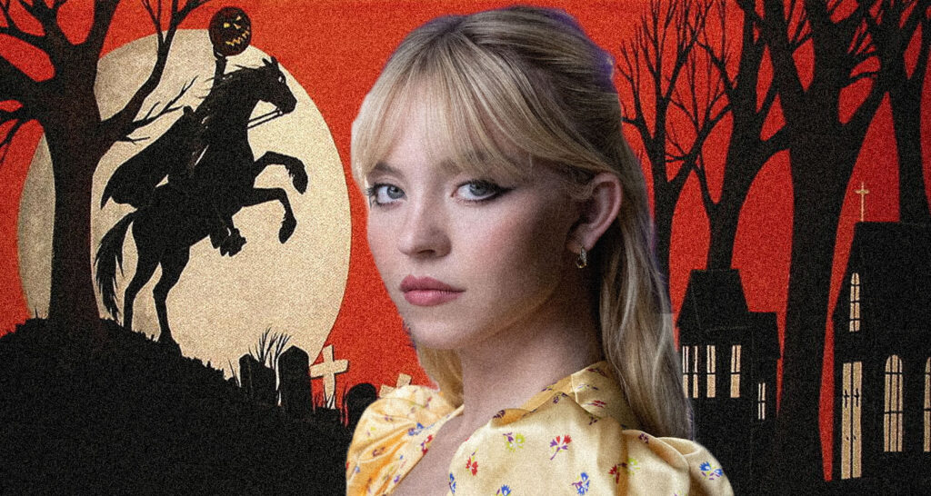 Young woman in a yellow floral dress against a spooky Halloween backdrop: full moon, silhouetted rider, bare trees, graves, and a church.