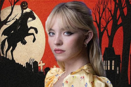 Young woman in a yellow floral dress against a spooky Halloween backdrop: full moon, silhouetted rider, bare trees, graves, and a church.
