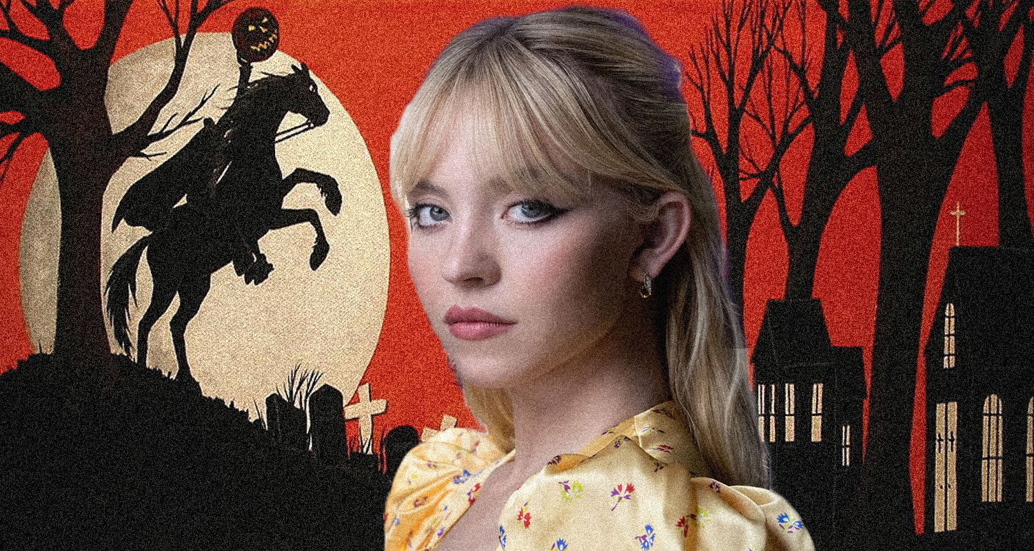 Young woman in a yellow floral dress against a spooky Halloween backdrop: full moon, silhouetted rider, bare trees, graves, and a church.