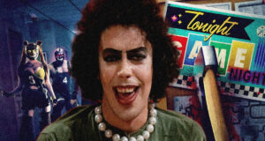 Smiling person wearing a green top and chunky pearl necklace, foreground of a neon arcade/game night scene with masked figures in the background.