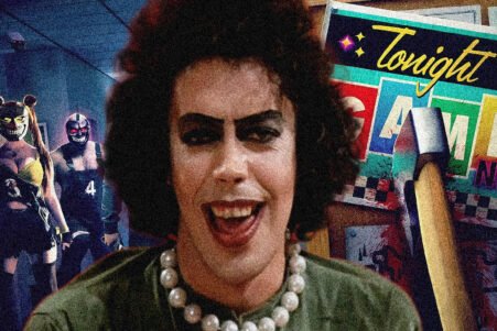 Smiling person wearing a green top and chunky pearl necklace, foreground of a neon arcade/game night scene with masked figures in the background.