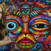 Young woman with long blonde hair in an off‑the‑shoulder black top posed before a vivid graffiti mural of psychedelic faces.
