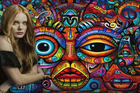 Young woman with long blonde hair in an off‑the‑shoulder black top posed before a vivid graffiti mural of psychedelic faces.
