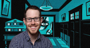 Smiling man with glasses in front of a teal-and-black mural featuring a large eye and architectural panels.