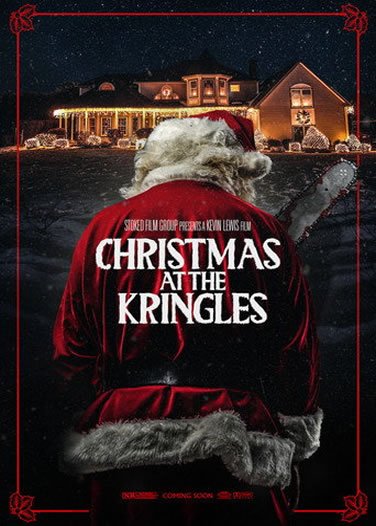 Movie poster for Christmas at the Kringles showing Santa from behind in a red suit with fur trim, a warmly lit house at night in the background.