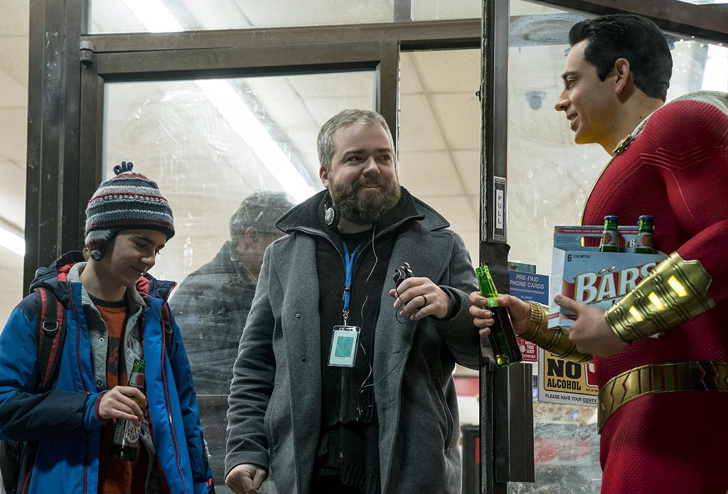 Zachary Levi, David F. Sandberg et Jack Dylan Grazer sur le tournage du film Shazam! (2019)
